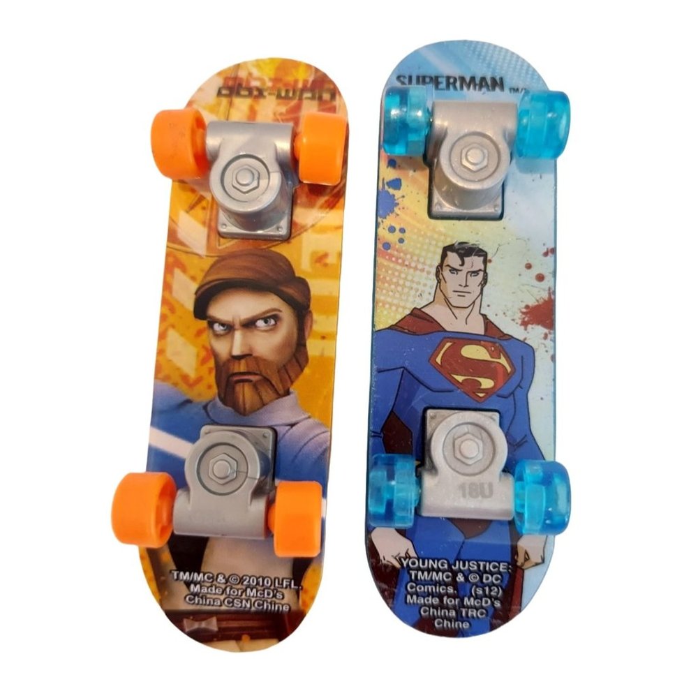 Clone Wars Obi-Wan Orange & Young Justice Superman Blue 2010 McDonalds Tech Deck